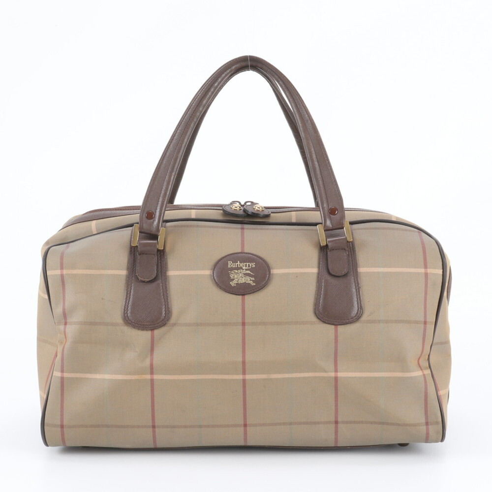 Burberry Check Pattern Canvas Leather Boston Bag Tote Carry for Men
